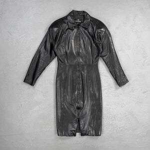Vintage 1980s Bermans Black Leather Zip Front Long Sleeve Dress Women's 6